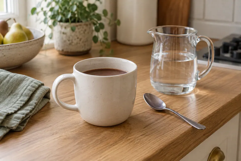 An ivory mug partly filled with hot chocolate beside a plain glass jug, spoon and sage cloth on an oak counter.