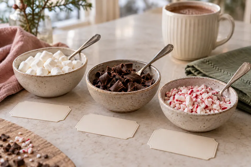 Separate bowls of miniature marshmallows, chocolate curls and peppermint pieces with their own spoons and blank ingredient cards.