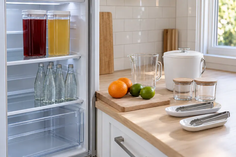 Two covered juice containers and sealed sparkling water in a clean refrigerator beside whole citrus, empty garnish jars and separate tongs.
