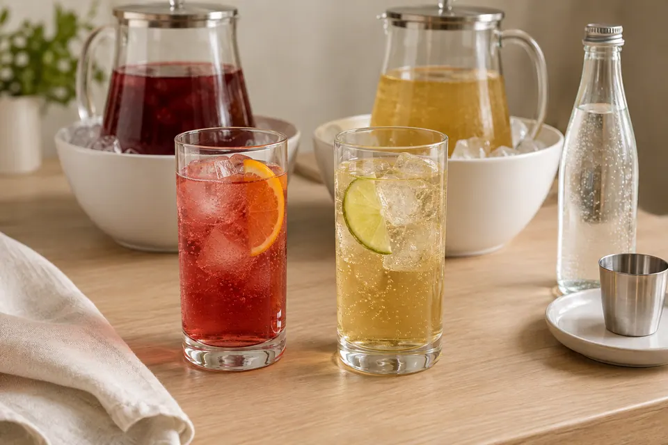A red cranberry-orange spritz with an orange slice and a pale gold apple-lime spritz with a lime slice in separate clear tumblers.