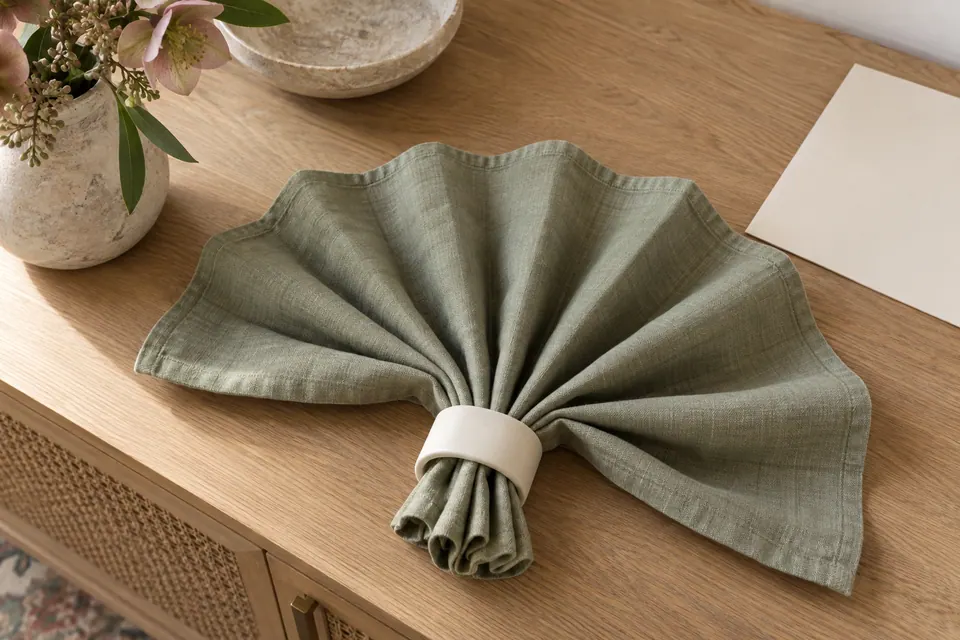 A pleated sage cloth napkin opened into a flat fan, with a smooth ring holding its folded base.