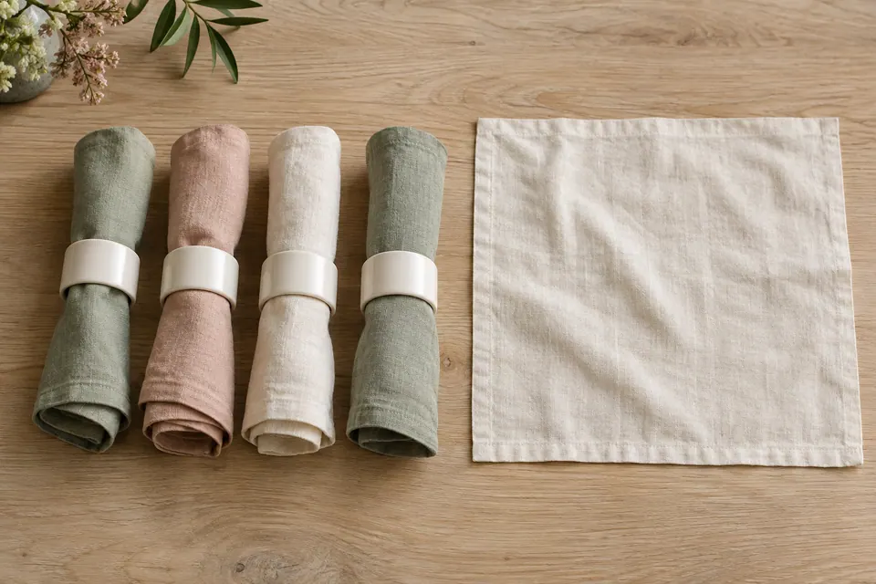 Four loosely rolled sage, rose and ivory cloth napkins with smooth rings beside a flat ivory napkin on an oak surface.