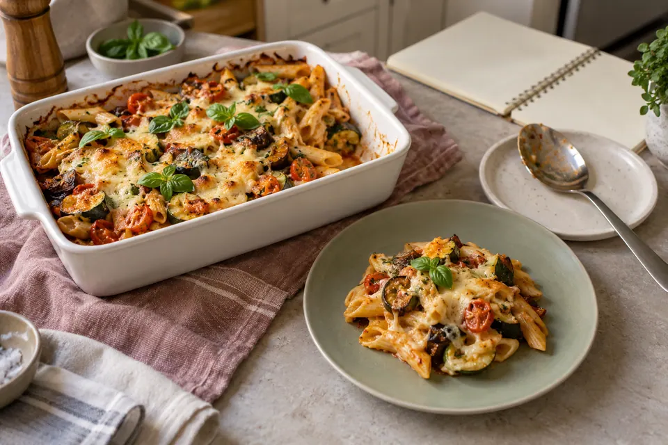 A ceramic tray of baked vegetable pasta beside a sage plate holding one serving, a serving spoon and a blank recipe notebook.