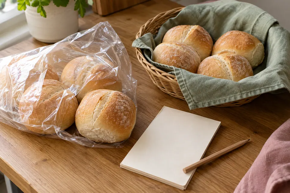 Dinner rolls in an open clear bag beside a small bread basket, blank shopping note and pencil on an oak counter.