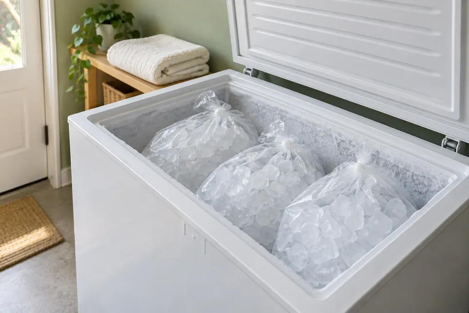 Sealed clear bags of ice inside an open household chest freezer.