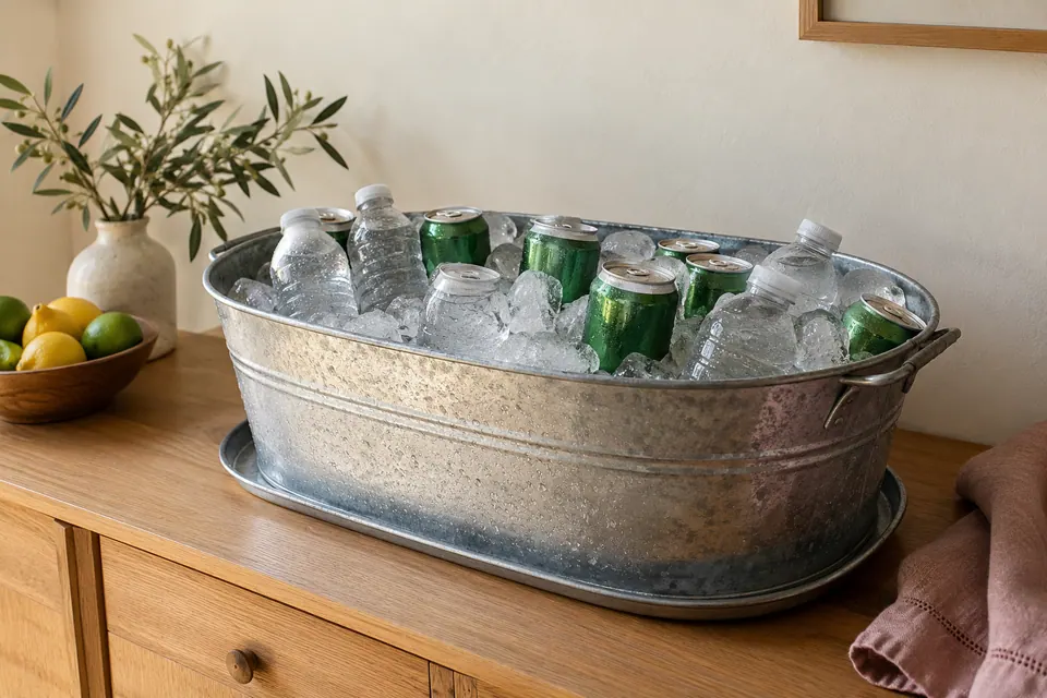 Closed water bottles and plain cans in a galvanized ice tub on a protected wooden sideboard.