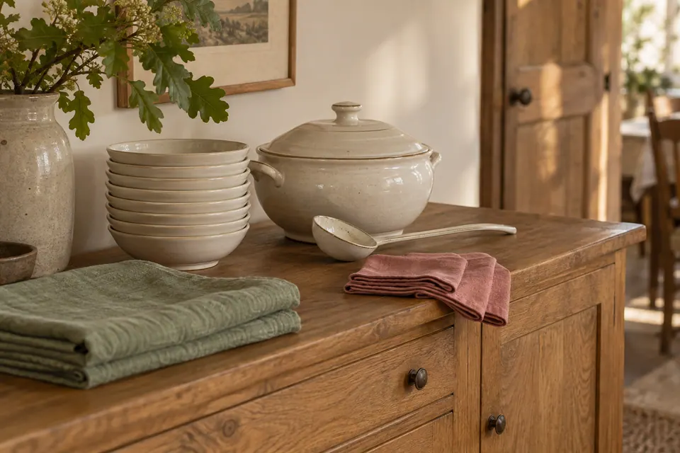 Stacked ivory soup bowls, a lidded ceramic tureen, a clean ladle and folded sage and rose linens on an oak sideboard.