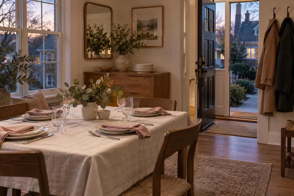A cream linen dining table with ivory plates and rose napkins beside a welcoming home doorway and neatly hung coats.