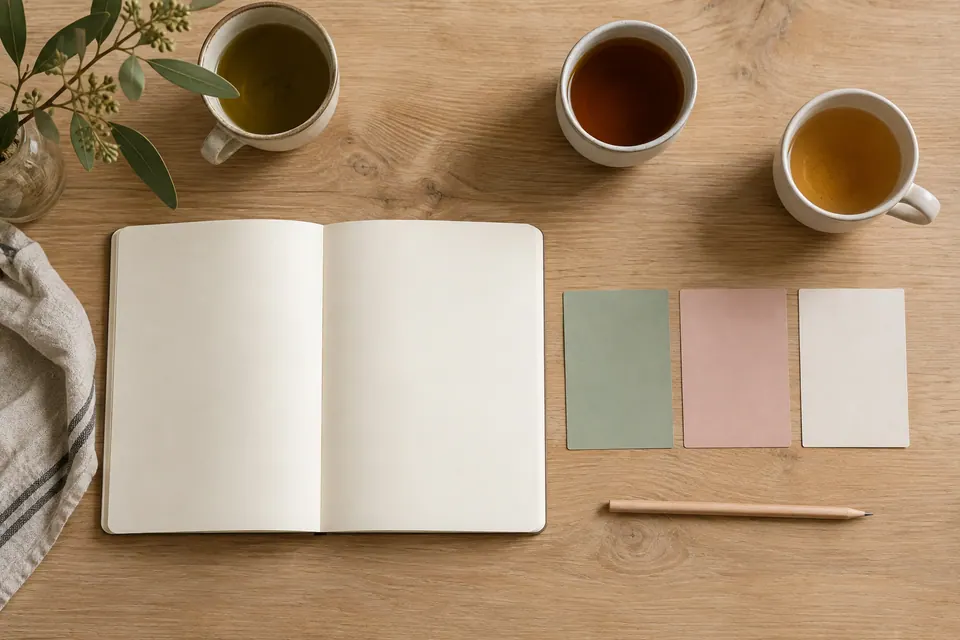 A blank cream notebook, three unmarked sage, rose and ivory cards, a pencil and three cups arranged on an oak table.