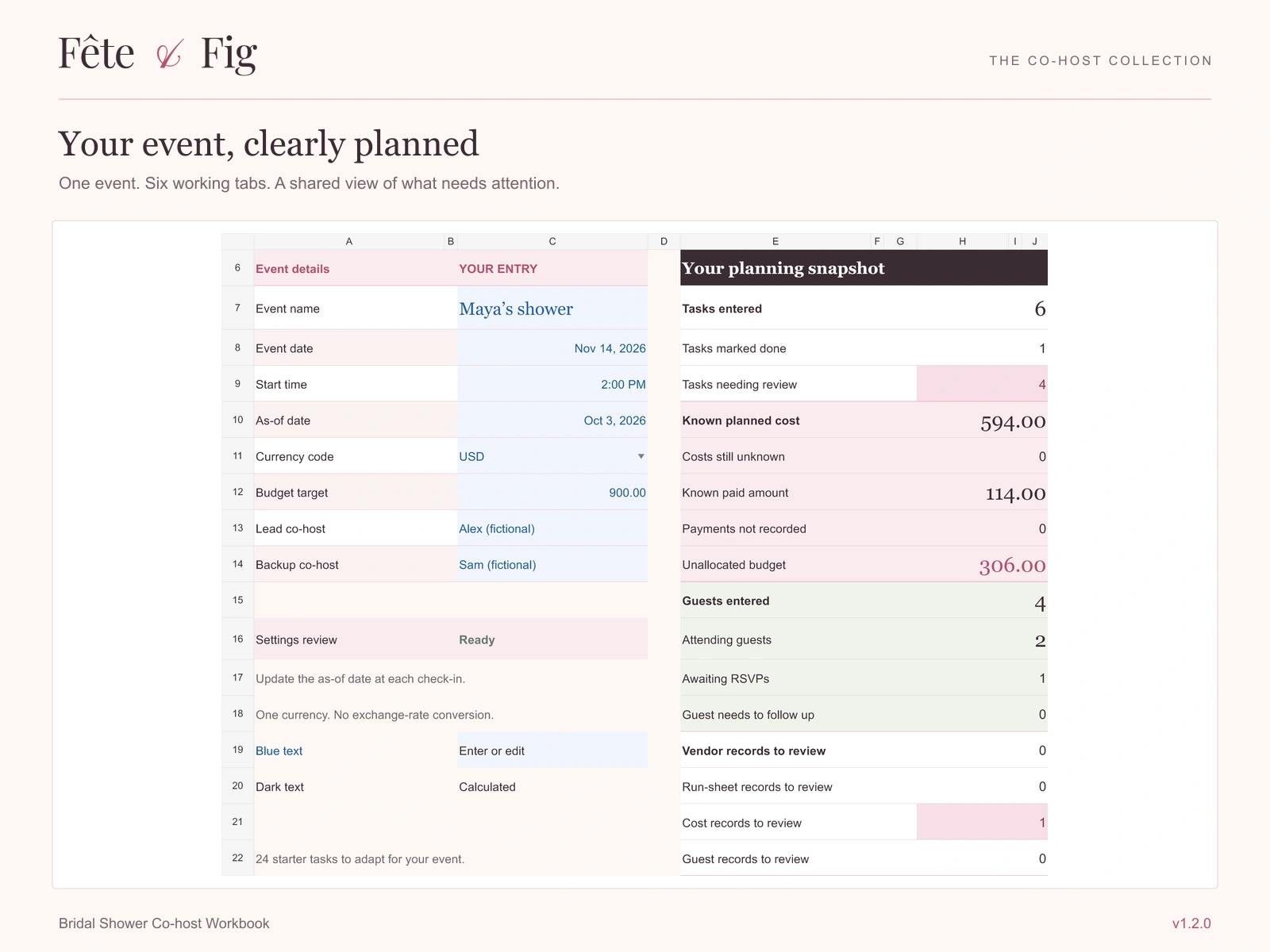 Preview of the actual Bridal Shower Co-host Workbook files with fictional example details