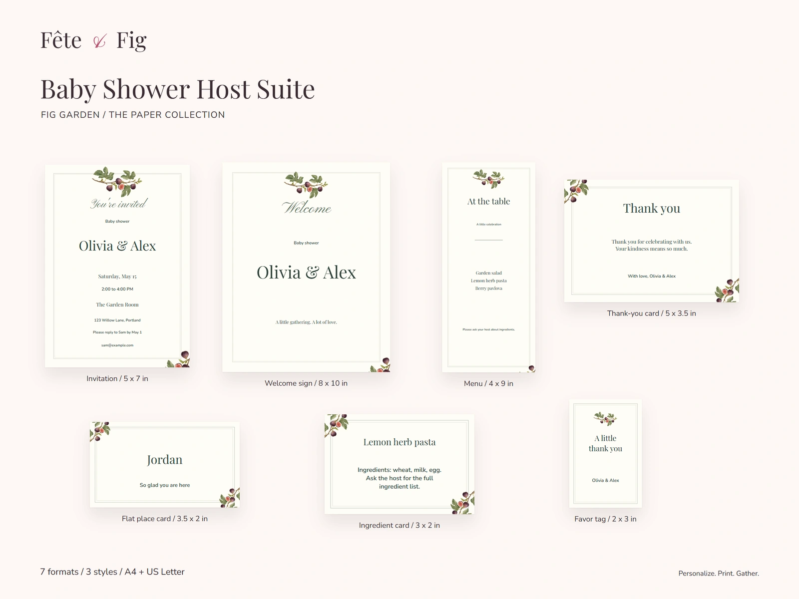 Fig Garden collection: actual Baby Shower Host Suite preview with fictional text
