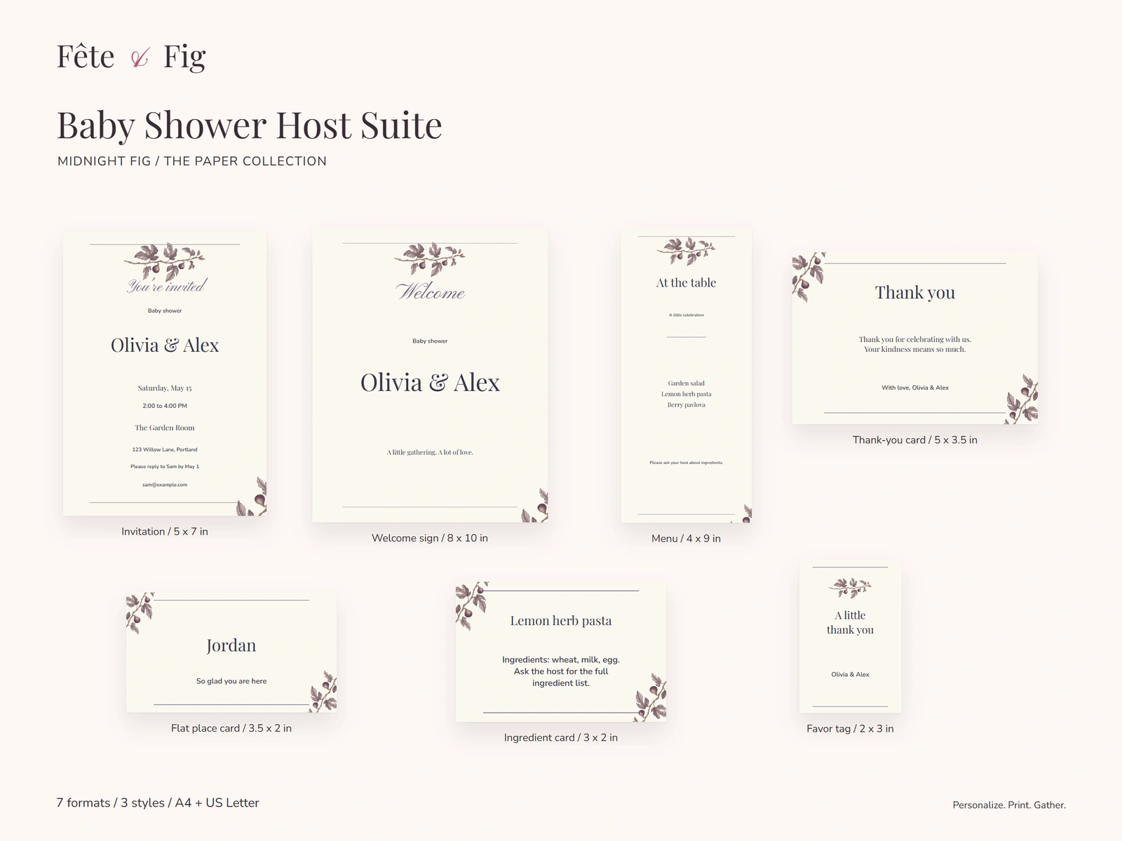 Midnight Fig collection: actual Baby Shower Host Suite preview with fictional text
