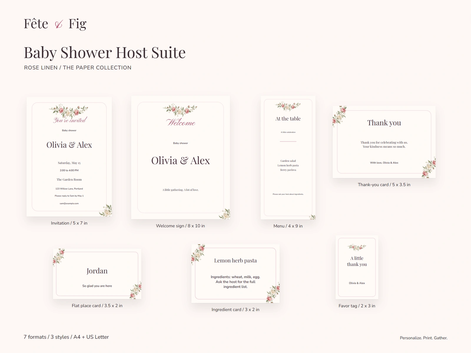 Actual Rose Linen invitation, menu and cards from the Baby Shower Host Suite