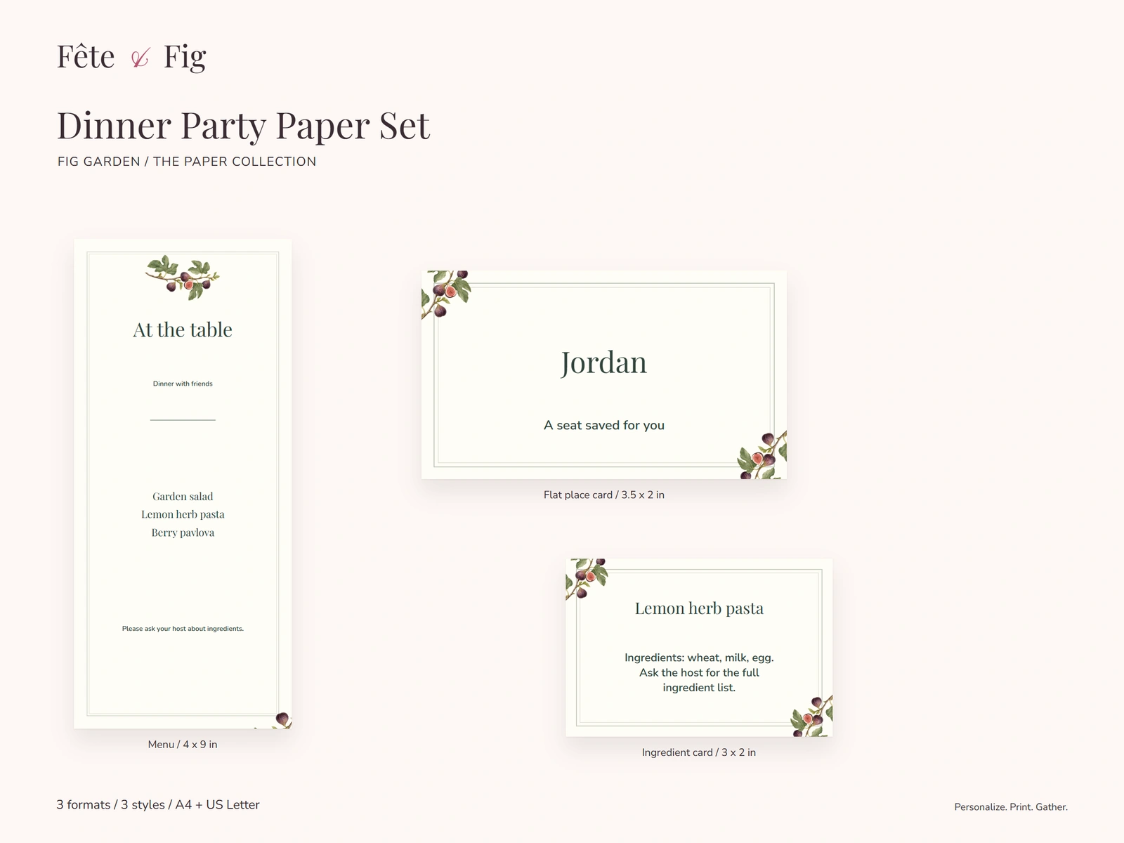 Preview of the actual Dinner Party Paper Set files with fictional example details