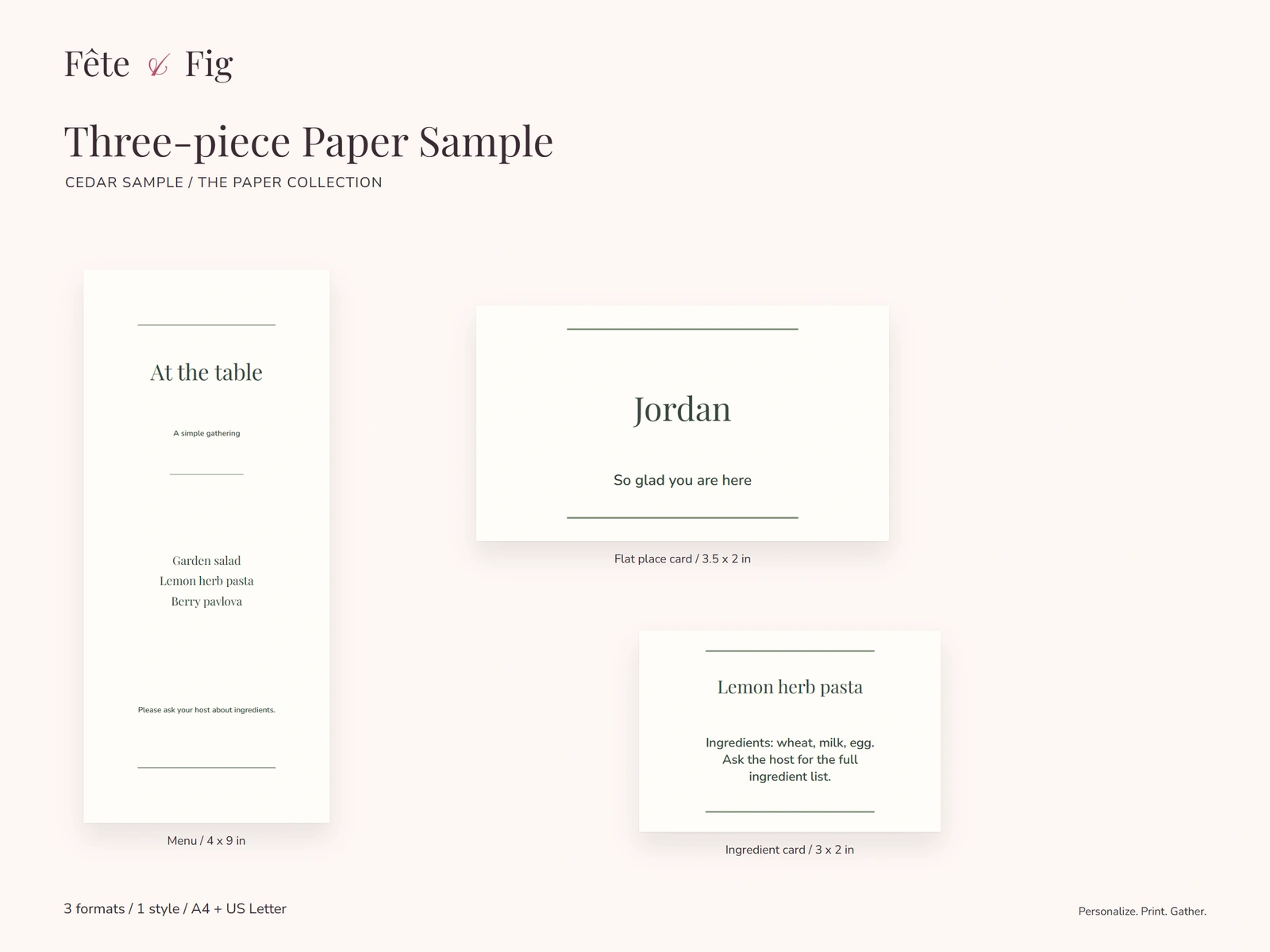 The actual Cedar sample menu, place card and food label showing editable fictional details