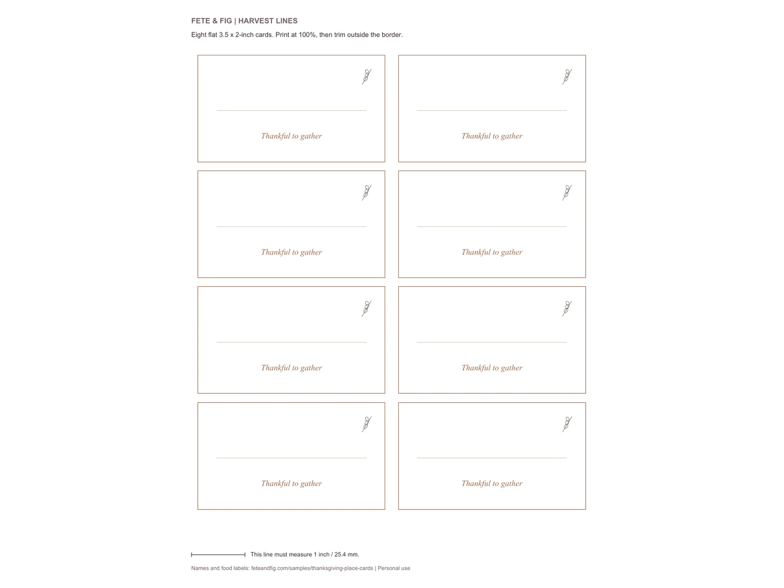 Actual blank Harvest Lines Letter PDF: eight flat cards, each with a rust border, sage sprig, writing line and Thankful to gather caption