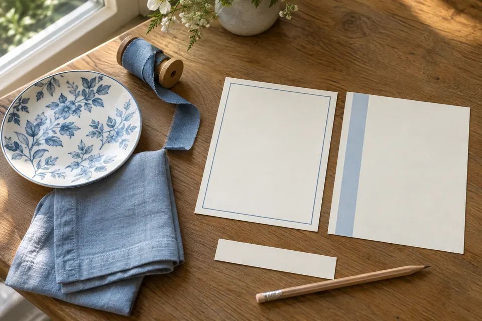Two blank ivory cards with different blue borders beside a patterned plate, blue napkin, ribbon and pencil