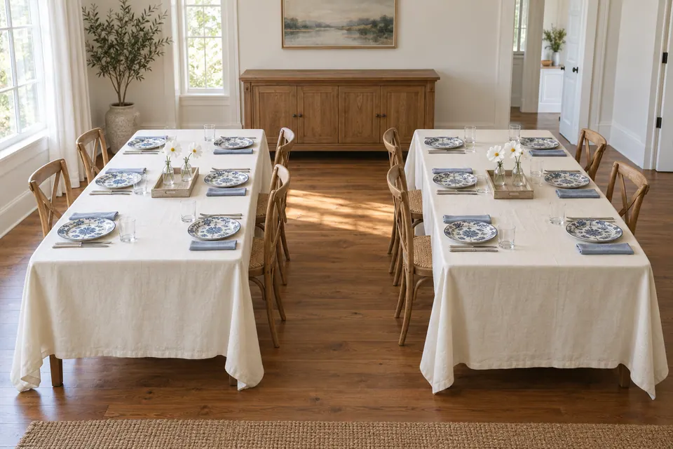 Twelve blue-and-white plates on two ivory-covered tables, with blue napkins and two low flower trays