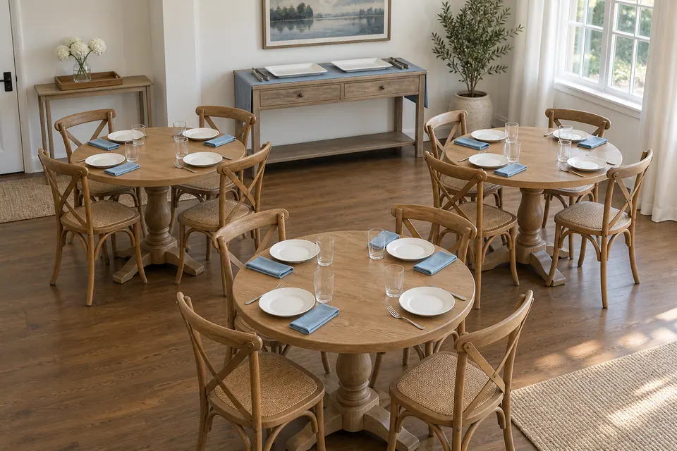 Three round tables with four plain settings each and a separate blue-runner console holding two empty platters