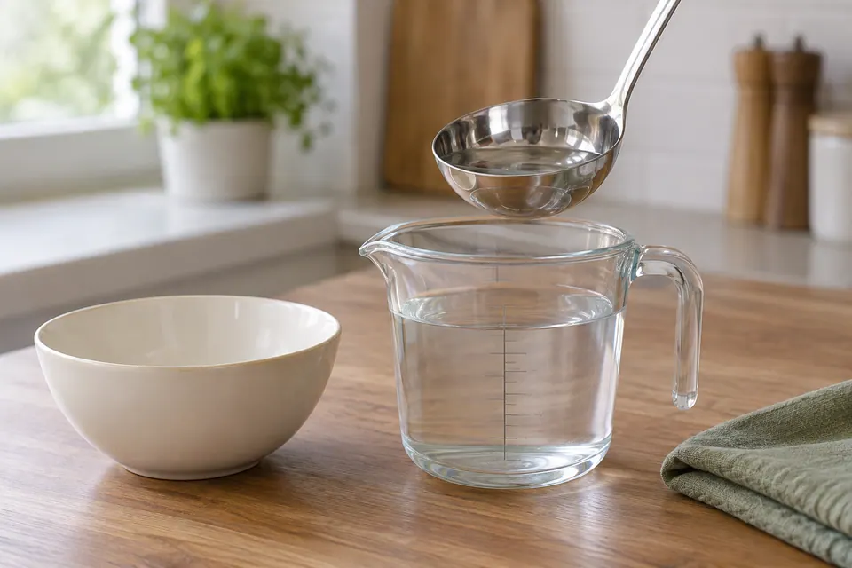 A stainless ladle above a clear measuring jug holding water, with an ivory bowl and folded sage cloth beside it.