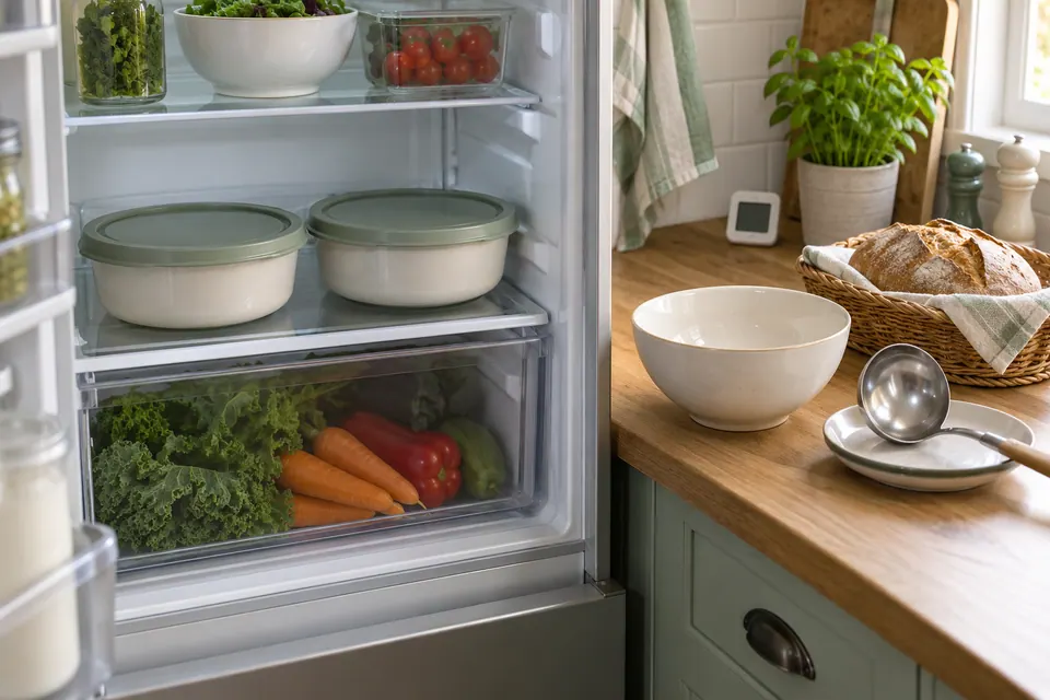 Two shallow covered containers in a clean refrigerator beside an empty serving bowl, ladle and bread basket on a kitchen worktop.