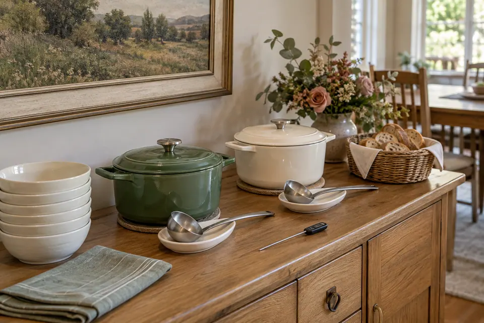 Two covered soup vessels with separate ladles in clean dishes, stacked ivory bowls, bread and a food thermometer on a home sideboard.