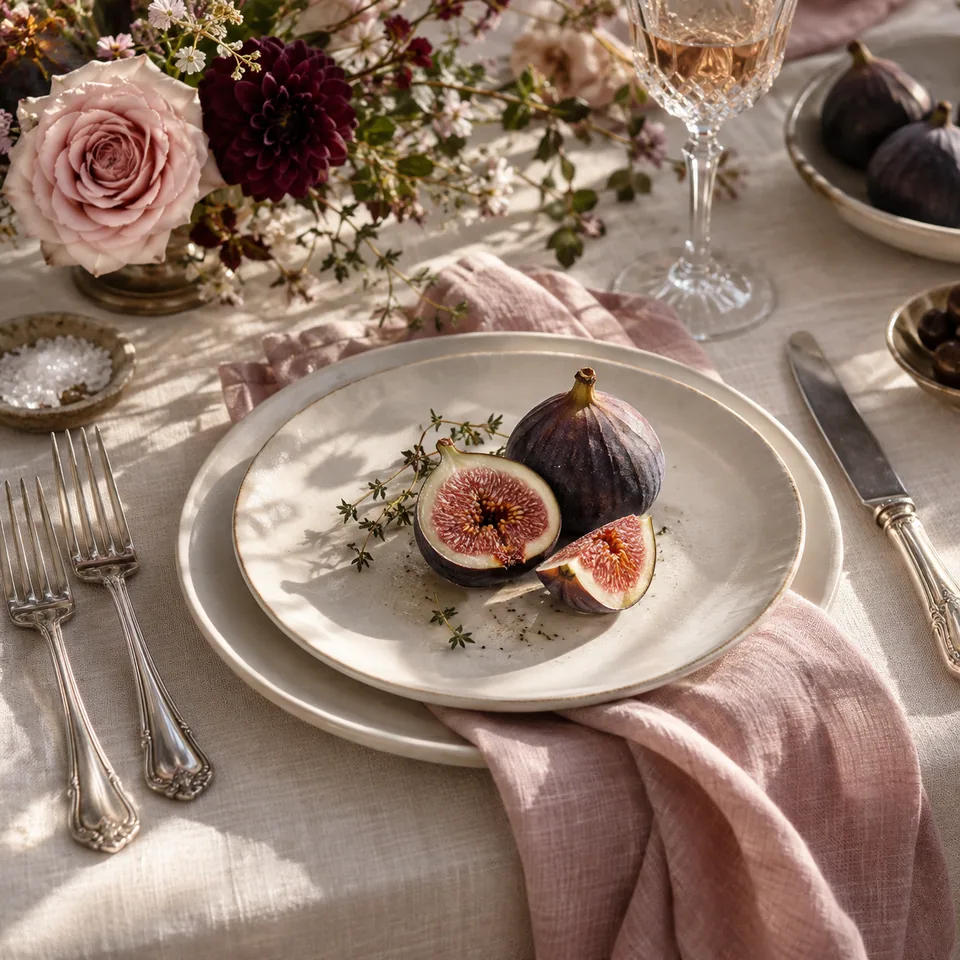 An inviting table setting with layered plates, linen napkins and soft decorative light