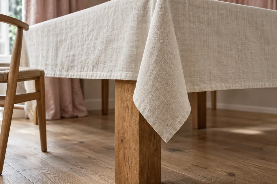 The corner of an ivory linen tablecloth hangs below its straight edges beside an oak table leg.