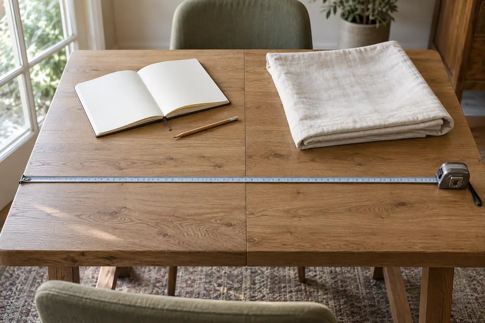 A straight measuring tape across an oak tabletop beside a blank notebook, pencil and folded ivory cloth.