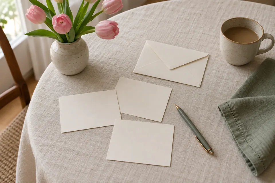 Blank message cards, a closed envelope and a phone with a dark screen beside pink tulips on cream linen.
