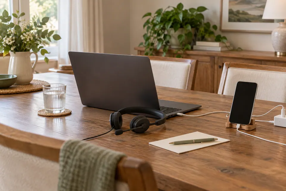 An open laptop, wired headset, phone stand and blank cue card arranged for an audio rehearsal at a dining table.