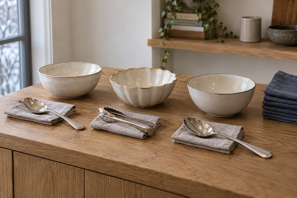 Three empty ivory serving bowls with clean serving utensils and folded slate-blue napkins on an oak console.