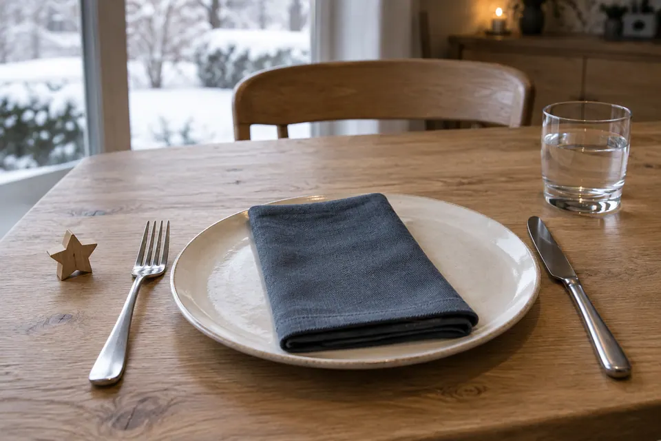 A small wooden star beside an ivory plate, slate-blue linen napkin, fork, knife and water glass on an oak table.
