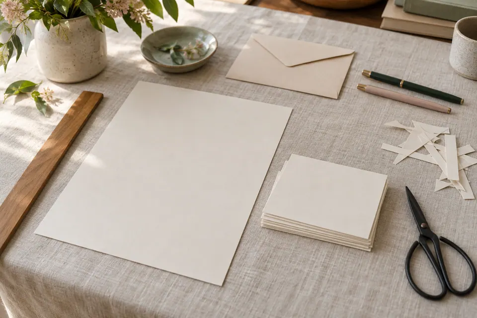 Blank paper, cut cream cards, scissors, a wooden straightedge and pens laid out on ivory linen