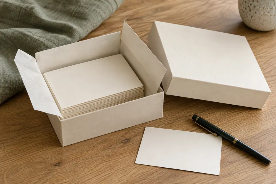 Blank-backed cream cards lying flat in a paper folder inside an open ivory box